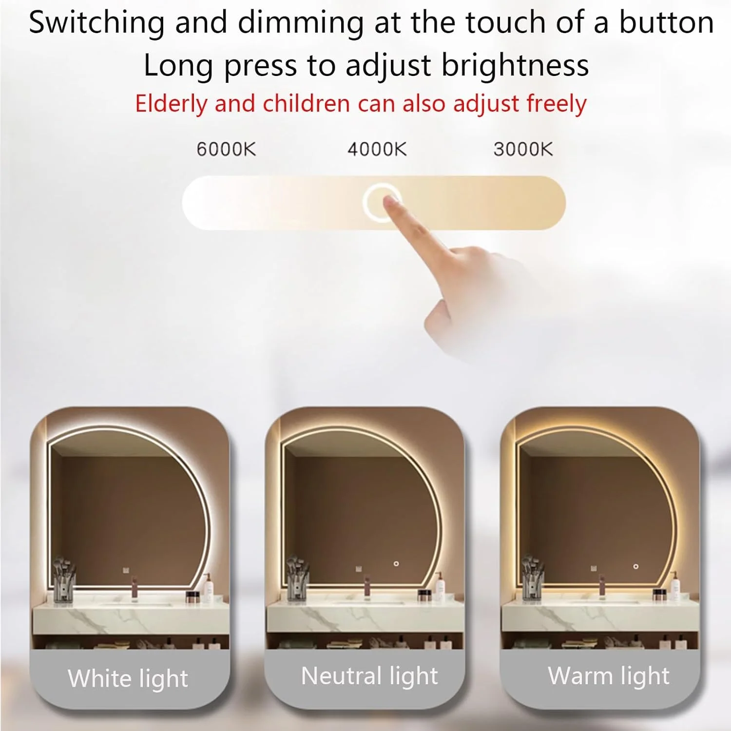 آینه حمام QDDVGTGDS، آینه نیم دایره هوشمند با چراغ‌های LED، آینه آرایشی، آینه دیواری با کلید لمسی، ضد بخار و ضد انفجار، مناسب اتاق خواب