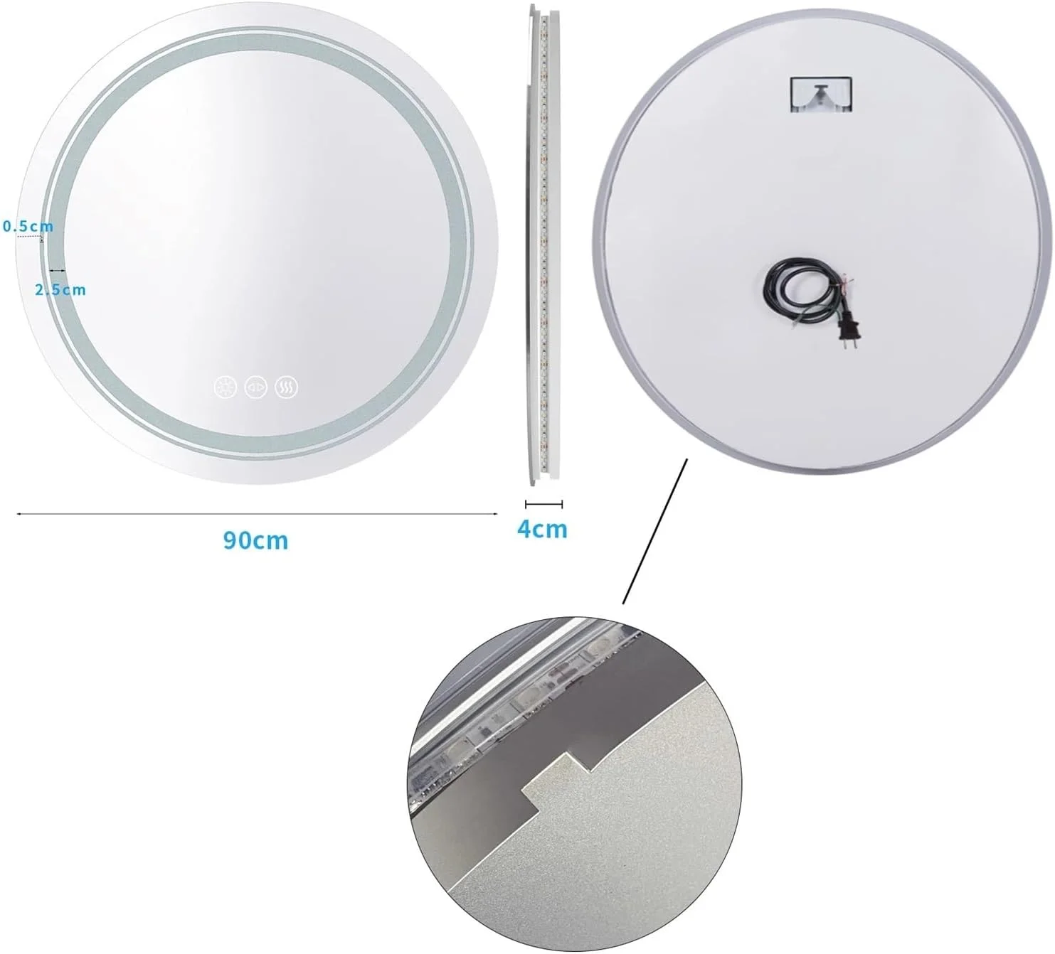 آینه حمام گرد QDDVGTGDS با نور LED، آینه دیواری بدون قاب با نور پس زمینه، دکمه لمسی برای تنظیم نور، ضد بخار، 3 رنگ، آینه دیواری