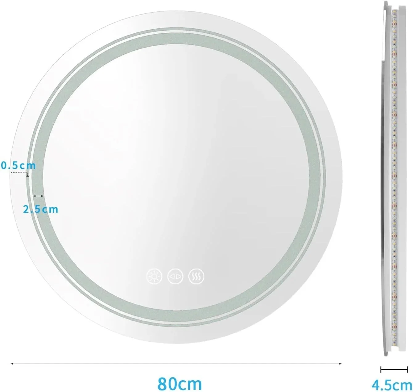 آینه حمام QDDVGTGDS گرد با نور LED، آینه دیواری بدون قاب با نور پس زمینه، دارای دکمه لمسی برای تنظیم نور، ضد بخار و دارای 3 رنگ