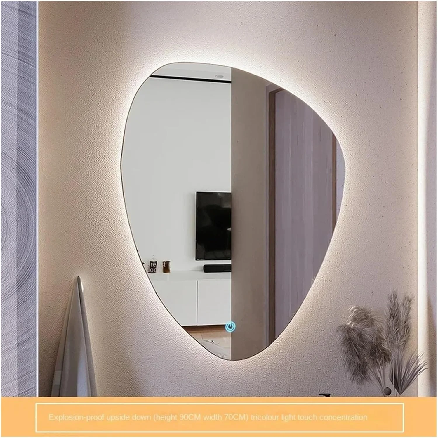 آینه حمام QDDVGTGDS بدون قاب با صفحه لمسی، آینه حمام هوشمند با نور پس زمینه و ضد بخار، آینه آرایشی نامنظم با نور لمسی، آینه دیواری بدون قاب