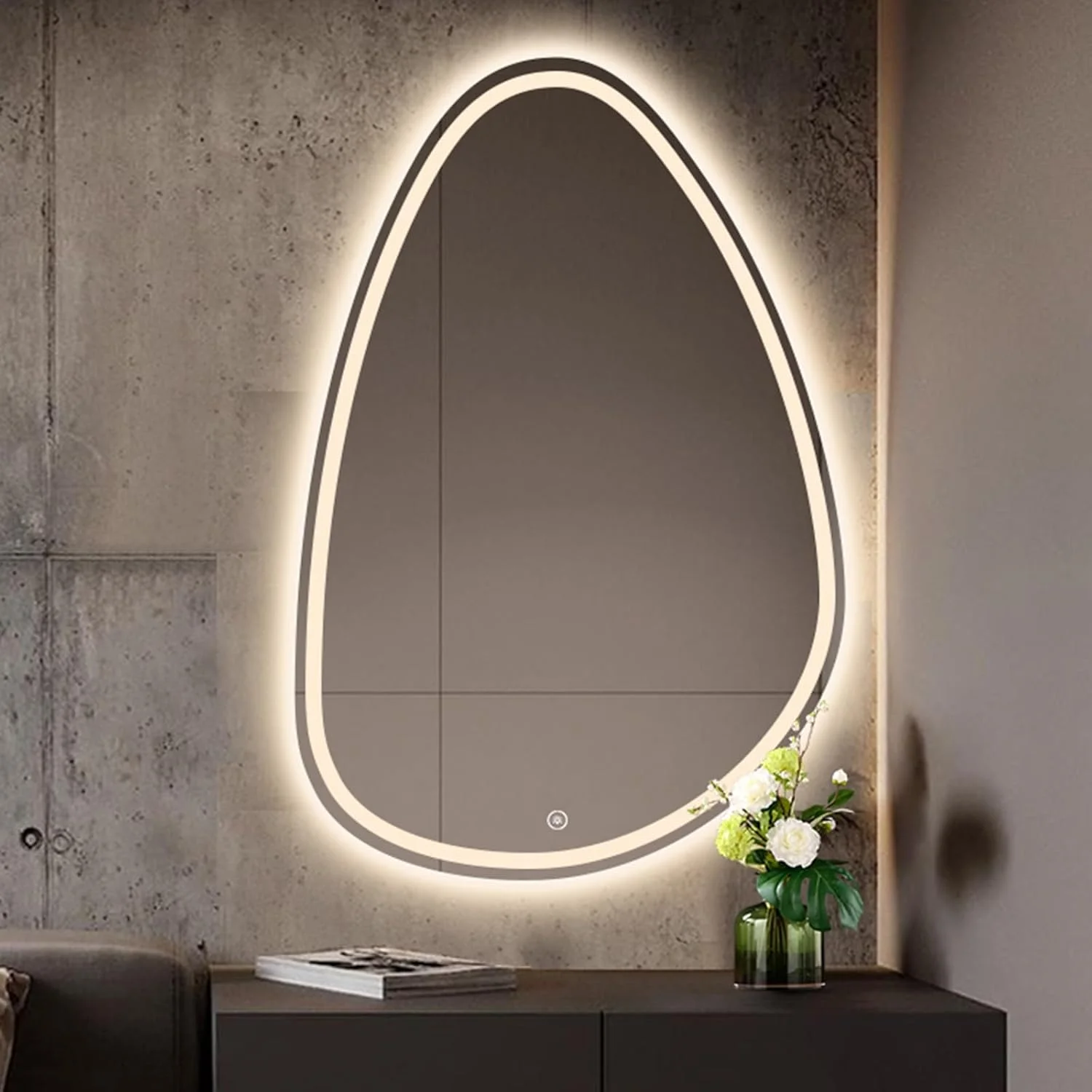 آینه دیواری قاب دار QDDVGTGDS، آینه دیواری LED مدرن، آینه حمام LED، آینه آرایش نامنظم طرح قطره اشک، با قابلیت تنظیم 3 رنگ