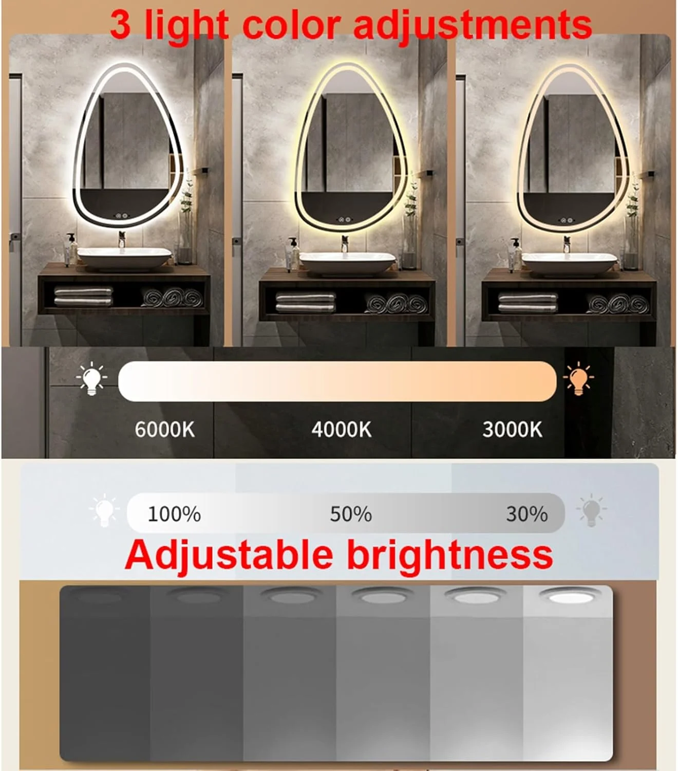 آینه دیواری قاب دار حمام QDDVGTGDS، آینه تزئینی دیواری LED مدرن، آینه حمام LED، آینه آرایش نامنظم طرح قطره اشک، 3 رنگ قابل تنظیم