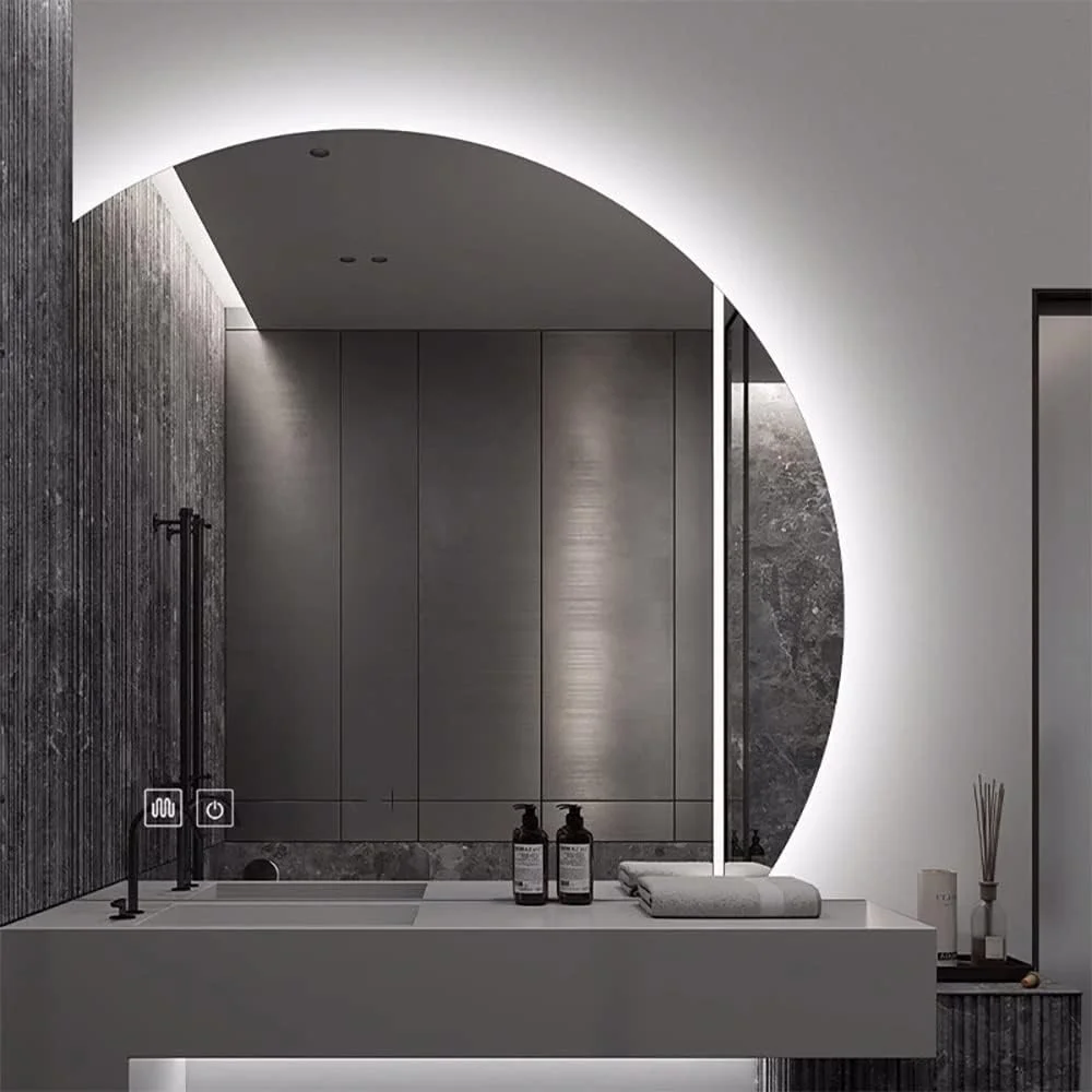 آینه دیواری حمام QDDVGTGDS، مناسب برای حمام، آینه حمام چراغ دار مناسب برای دیوار با کلید لمسی، آینه آرایشی نیم دایره ای با قابلیت تنظیم 3 رنگ و ضد انفجار