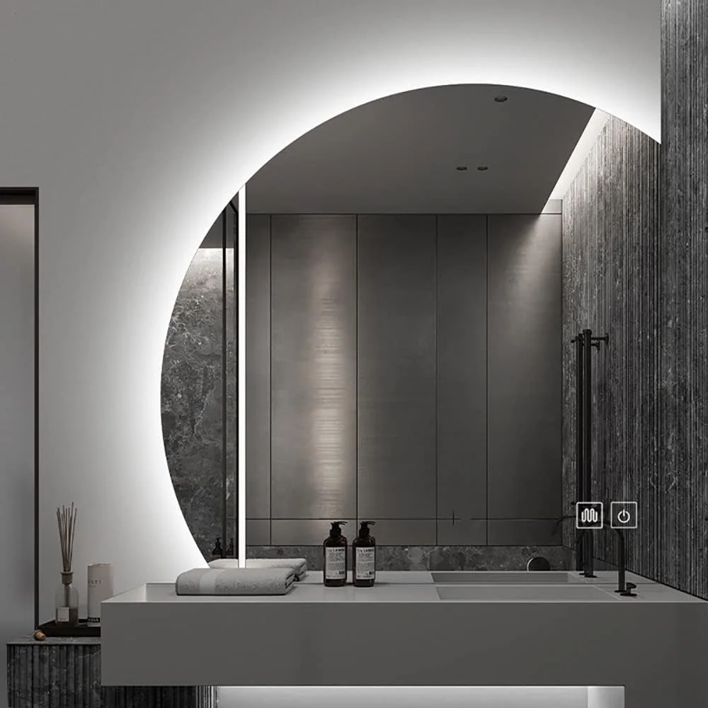 آینه دیواری حمام QDDVGTGDS مناسب برای حمام، آینه حمام چراغ دار مناسب برای دیوار با کلید لمسی، آینه آرایشی نیم دایره ای با قابلیت تنظیم نور در 3 رنگ و ضد انفجار