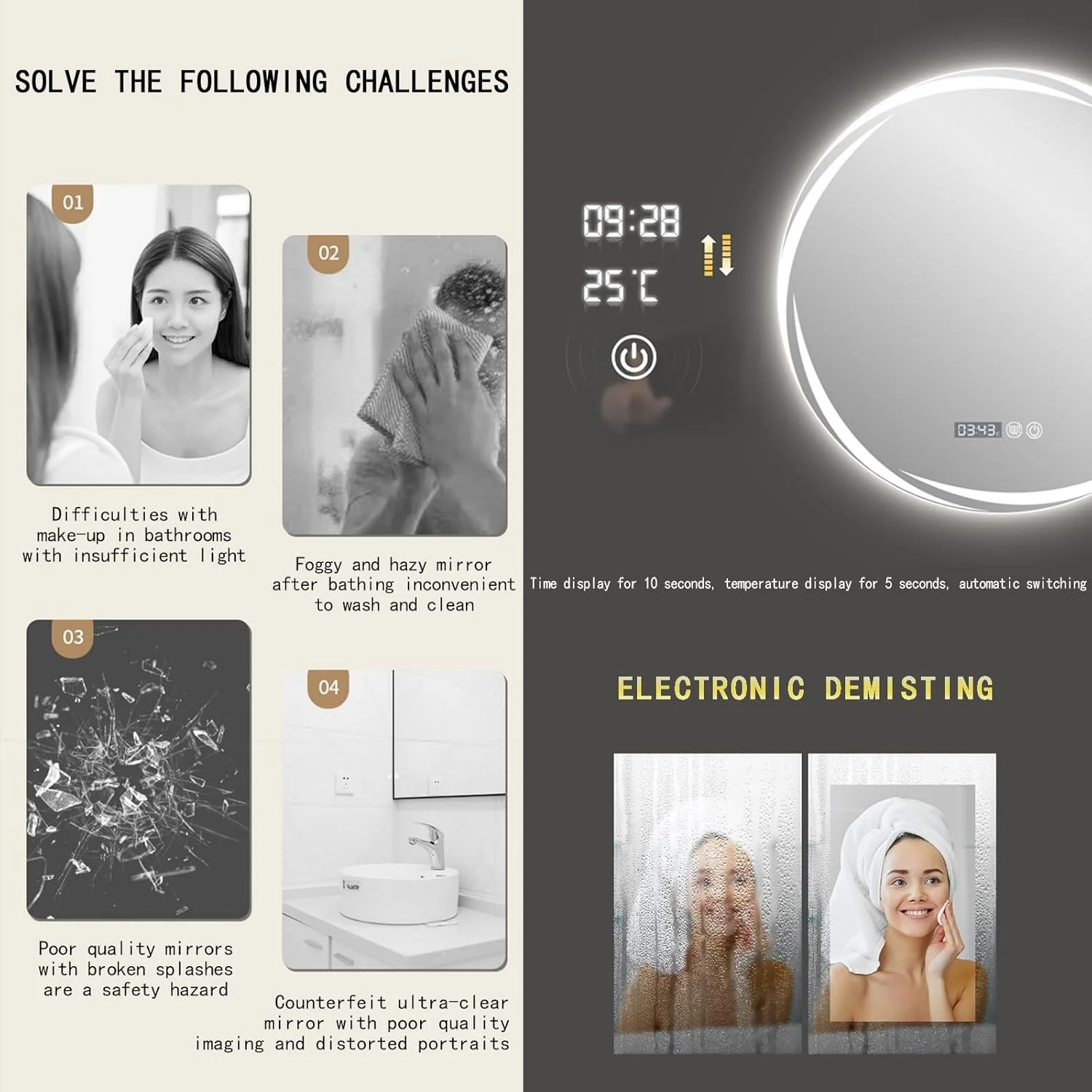 آینه حمام QDDVGTGDS، آینه حمام هوشمند خلاقانه، آینه گرد LED نورانی، آینه دیواری ضد انفجار HD، نصب شده روی دیوار با قاب