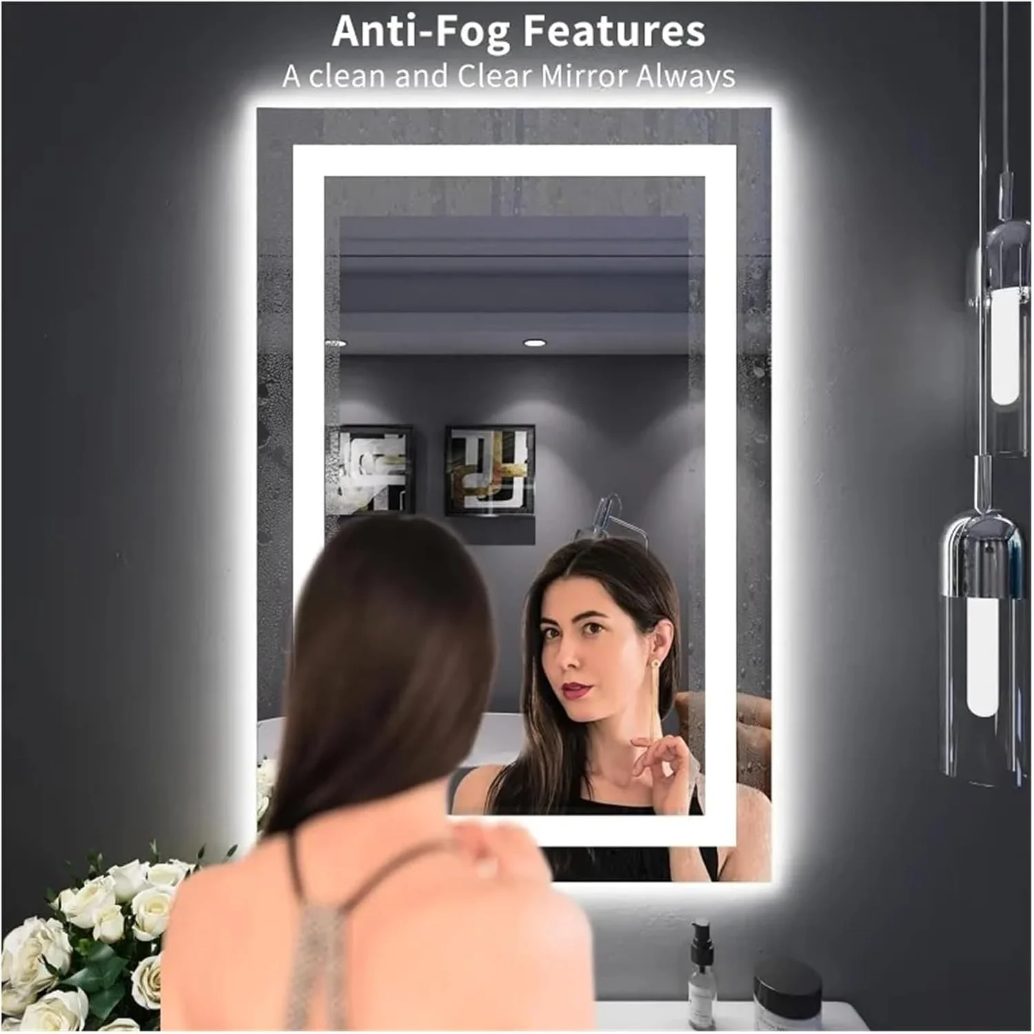 آینه حمام QDDVGTGDS، آینه LED ضد بخار و دیمر دار، آینه روشویی دیواری با نور و عملکرد حافظه، 60 در 90 سانتی متر، آینه دیواری قاب دار