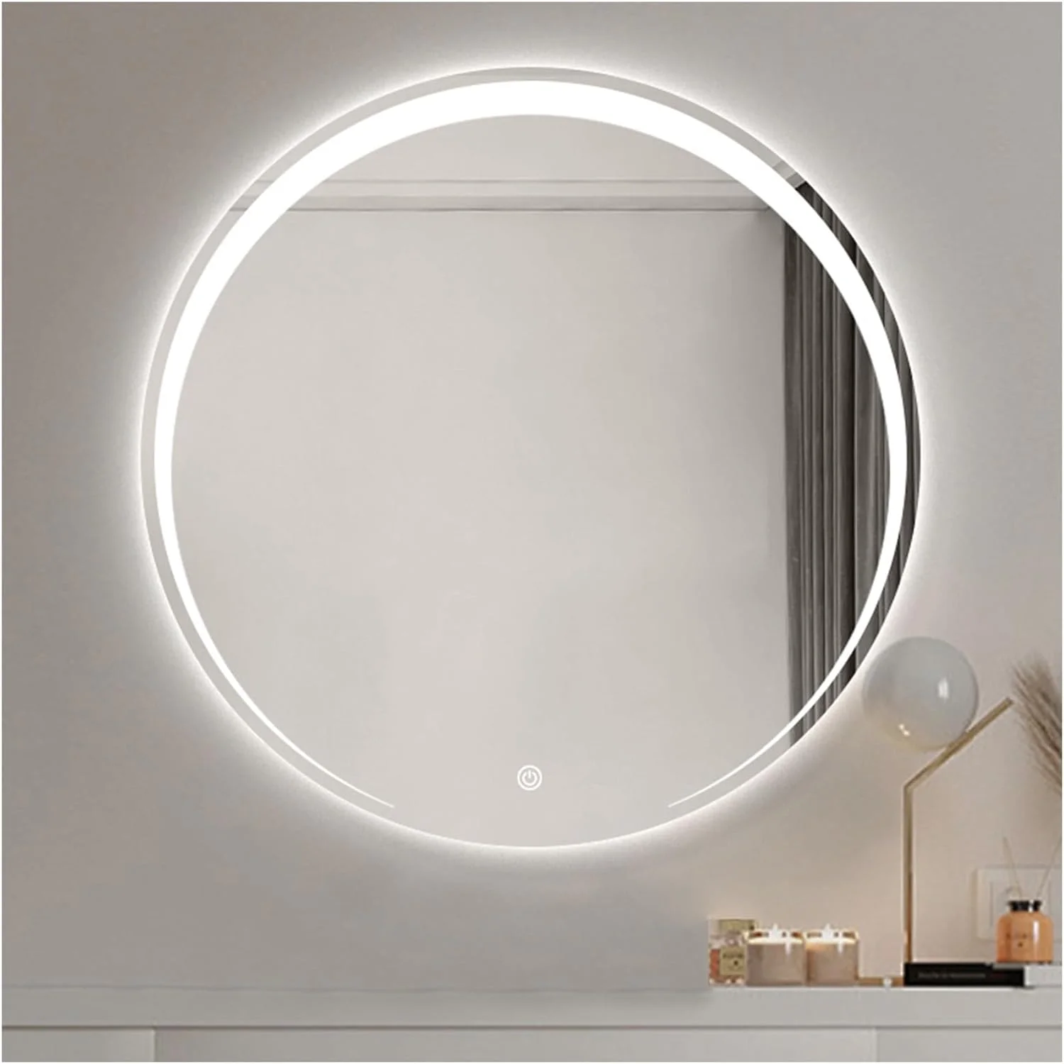 آینه حمام QDDVGTGDS آینه آرایش میز آرایش آینه هلالی گرد دیمر پذیر آینه آرایش 3000k-6000k منبع نور زیبایی حرفه ای آینه نقره ای با وضوح بالا آینه های حمام