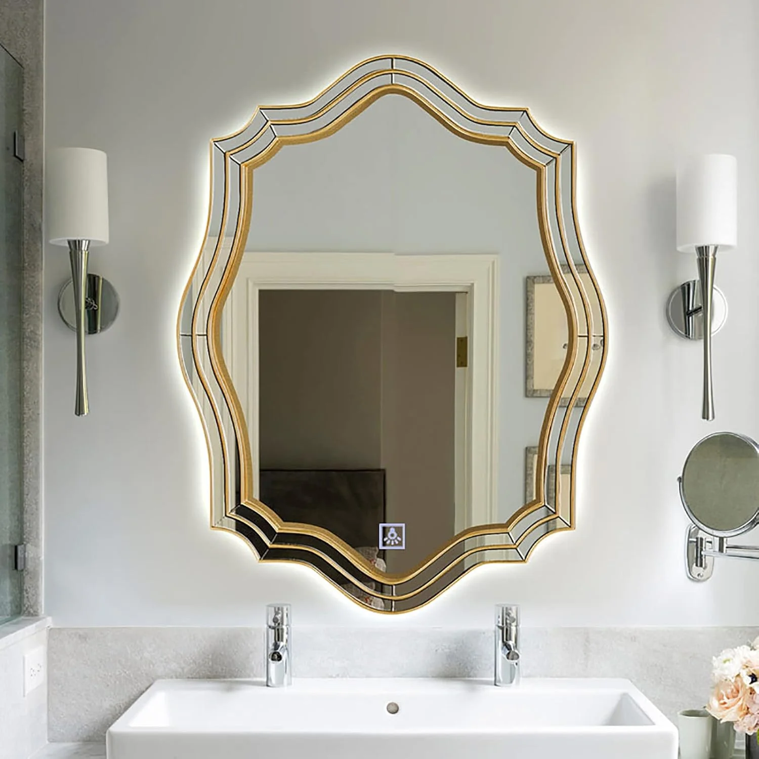 آینه حمام QDDVGTGDS، آینه ال ای دی حمام 600x900 میلی متر، آینه دیواری نوستالژیک با چراغ های سفید ال ای دی، آینه روشن برای نصب روی دیوار با نور پس زمینه، افقی/عمودی