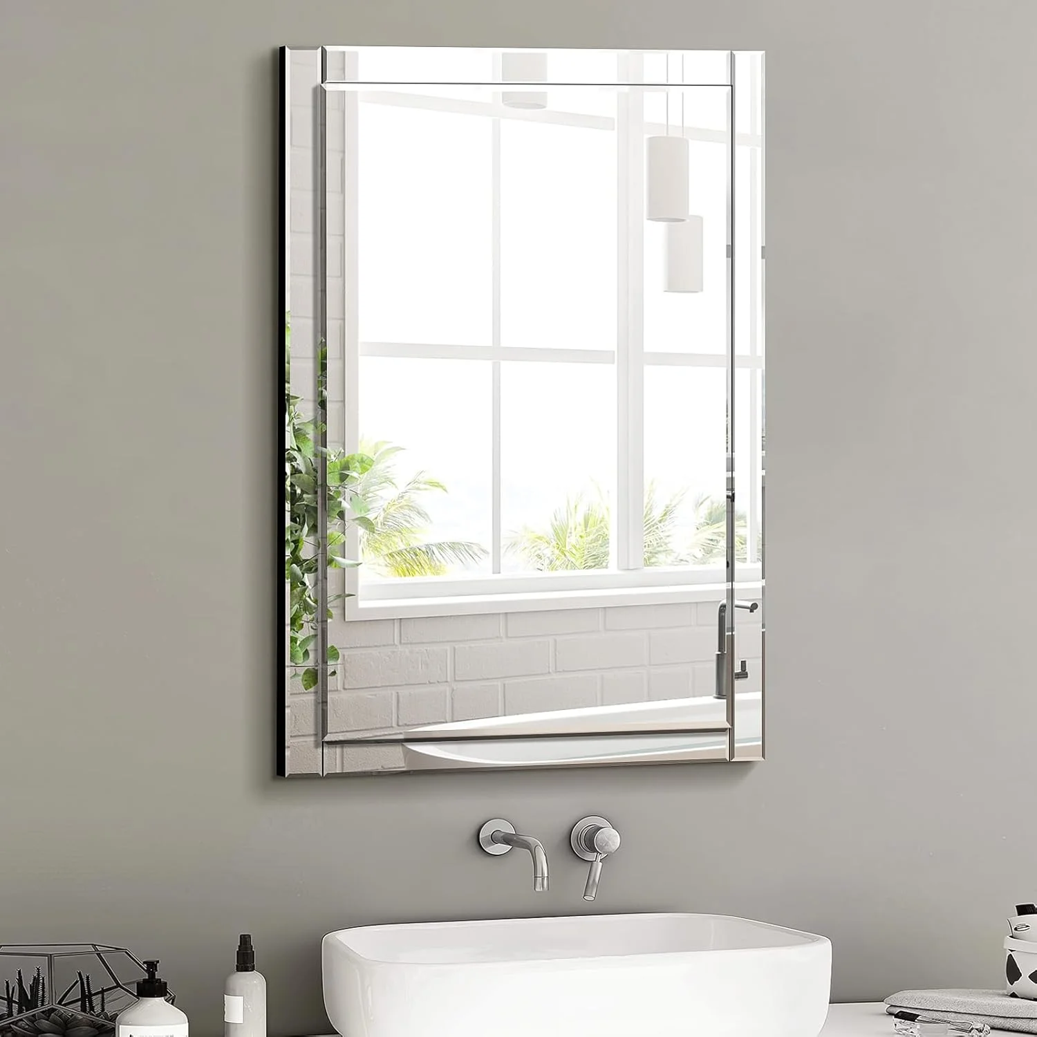 آینه روشویی مستطیلی پرگاسپور سایز 60x80 سانتی متر، آینه دیواری مدرن بدون قاب با لبه تراش خورده، آینه نقره ای مناسب بالای روشویی