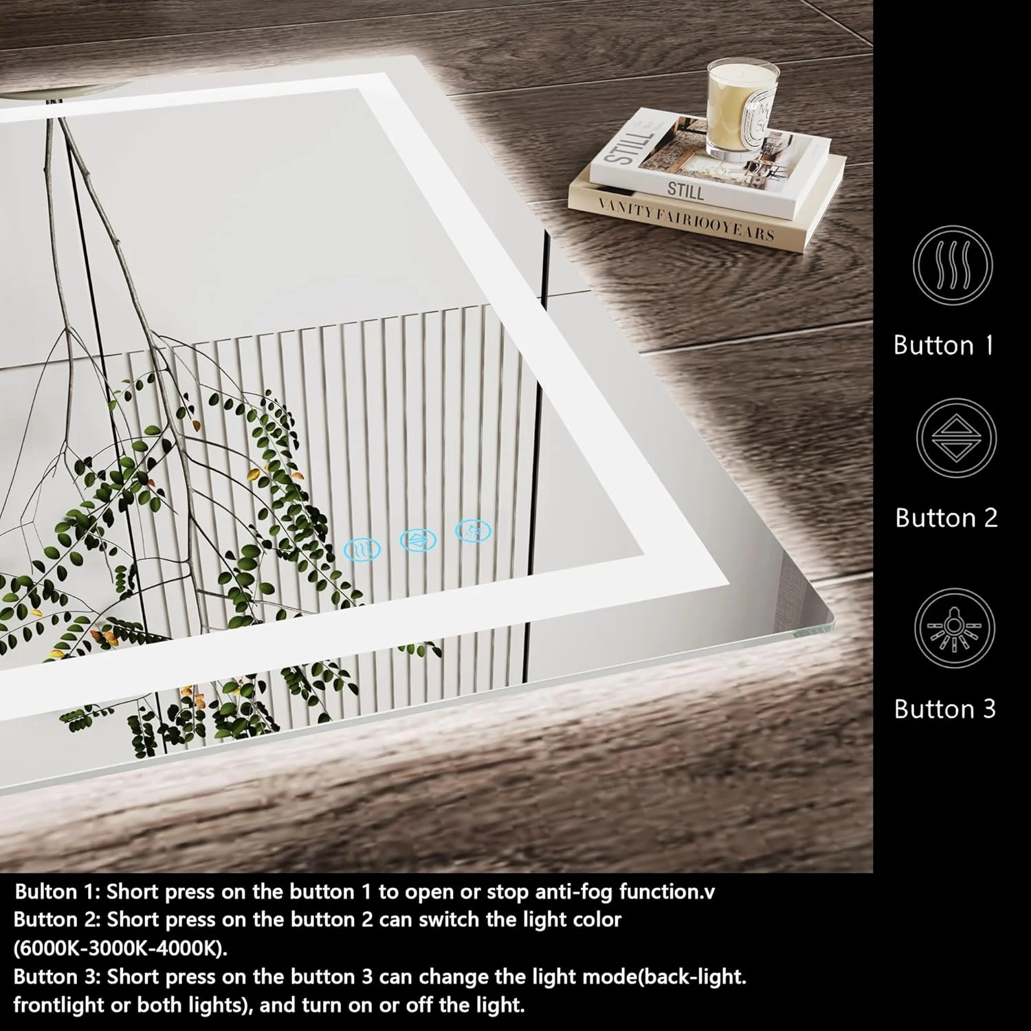 آینه حمام نور پس زمینه Protylctaster، 60x80 سانتی متر، آینه روشویی روشن، ضد مه، آینه ال ای دی، دارای گواهی UL (نور پس زمینه و نور جلو)