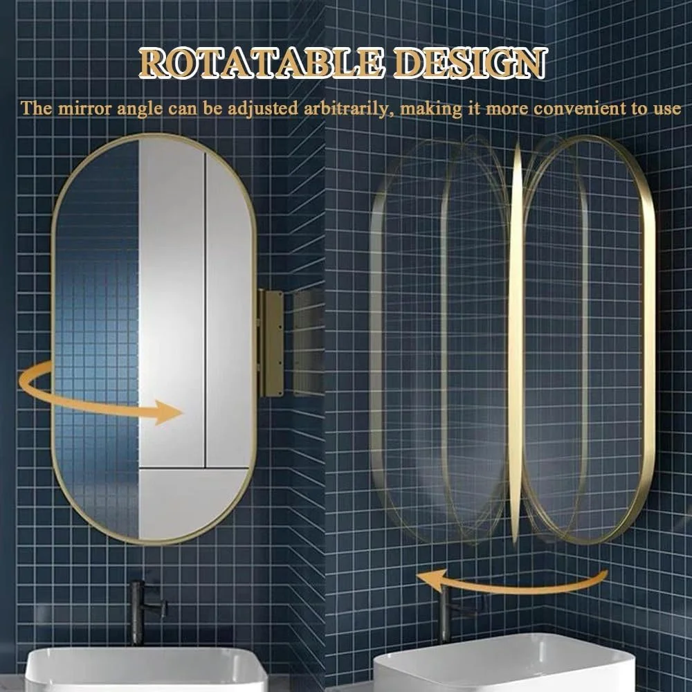 Oval LED Rotatable Wall Mirror - Lighted Bathroom Corner Mirror with Bracket - Space Saving & Easy to Use Full Length Mirror(White,30cmx60cm/11.8inx23.6in) (Gold 50cmx90c