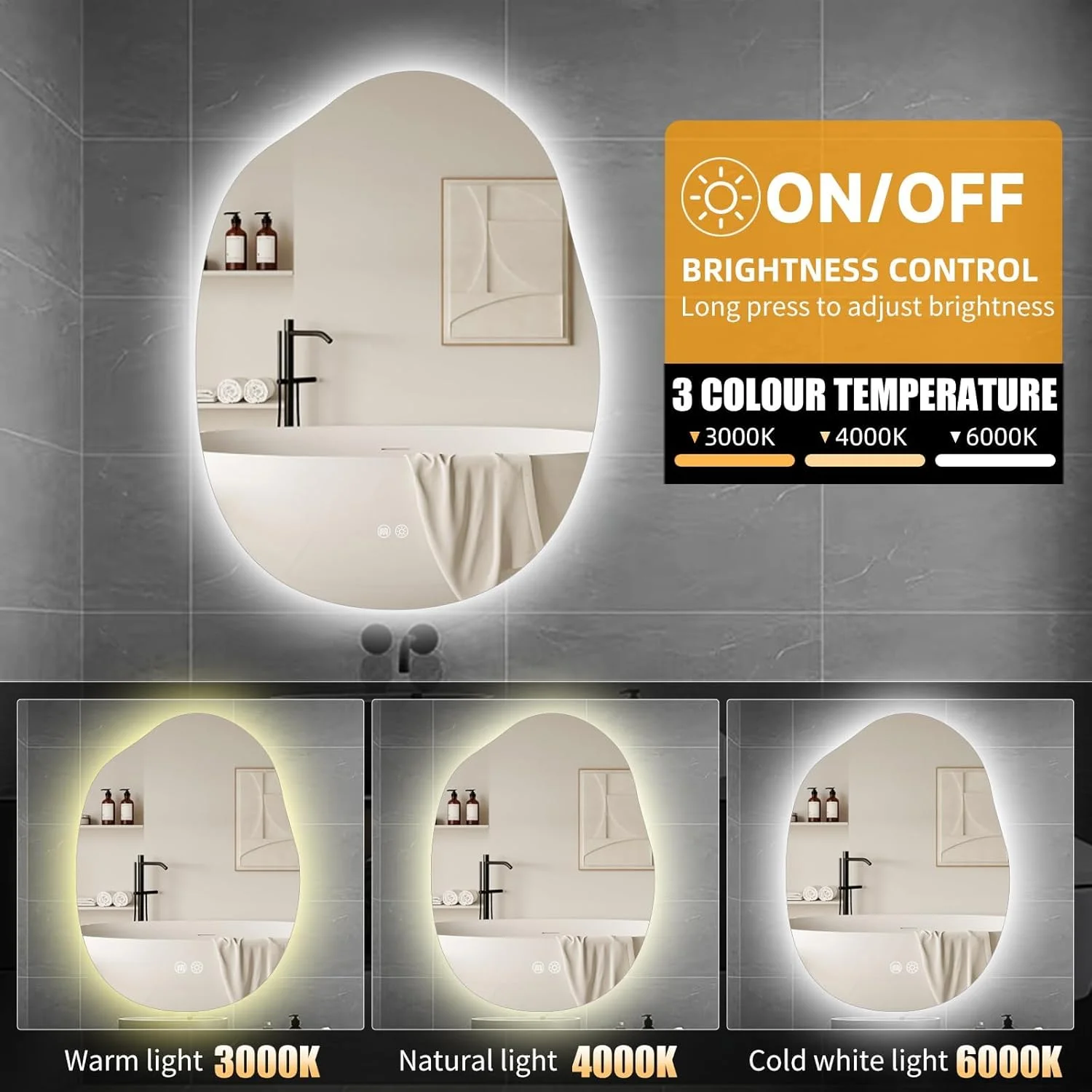 V PARTY LED Bathroom Mirror with Lights 24"x32", Stepless Dimmable Irregular LED Mirror with 3 Colors, Anti-Fog, Shatter-Proof, Memory, Frameless Makeup Mirror for Bathroom