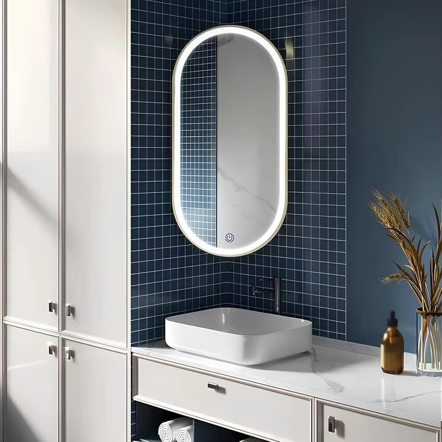 Oval LED Rotatable Wall Mirror - Lighted Bathroom Corner Mirror with Bracket - Space Saving & Easy to Use Full Length Mirror(White,30cmx60cm/11.8inx23.6in) (Gold 50cmx90c