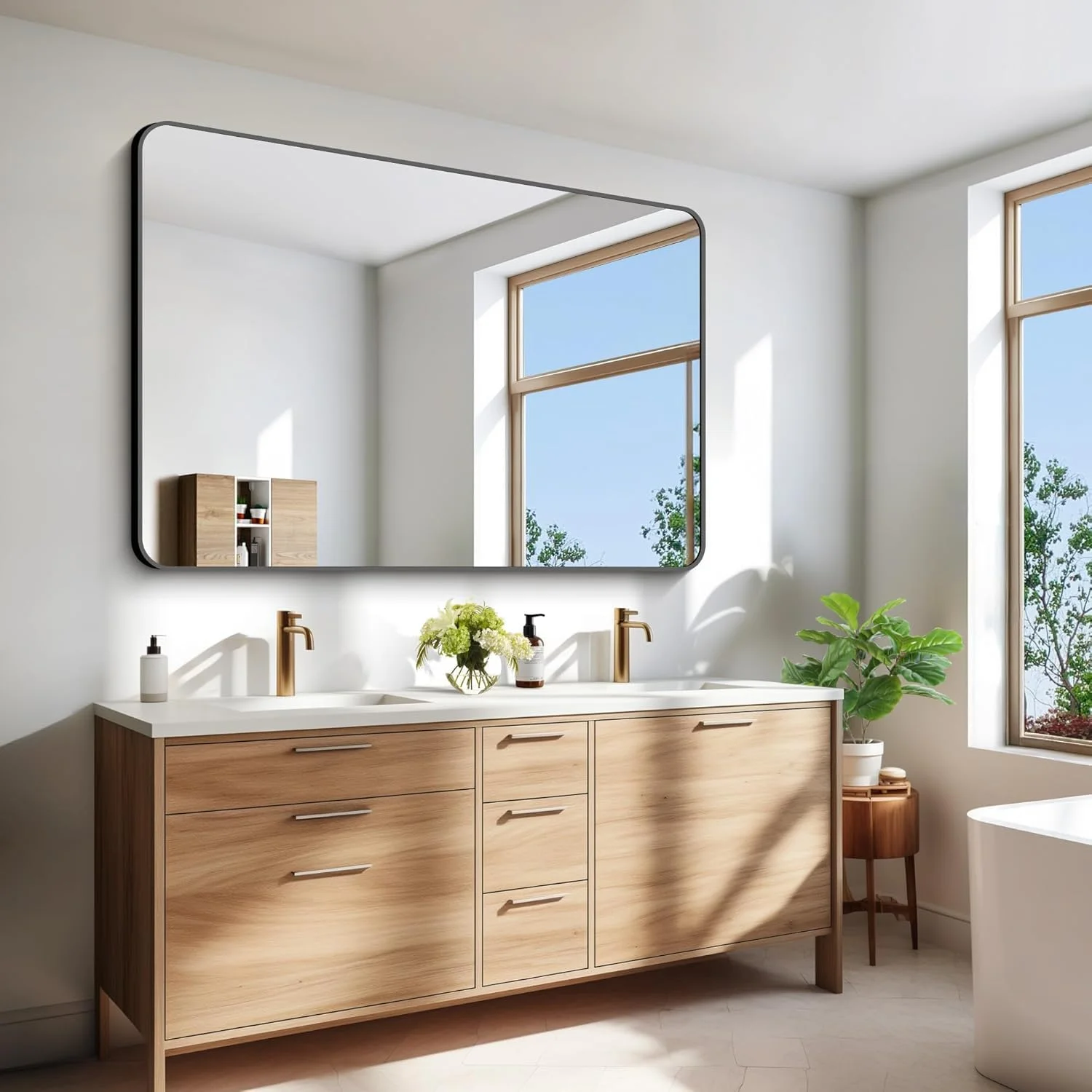 آینه حمام V PARTY، 75x120 سانتی متر، آینه مستطیلی مشکی، آینه روشویی دیواری با گوشه گرد برای اتاق خواب، اتاق نشیمن، ورودی، قابل نصب افقی (گوشه گرد مشکی)