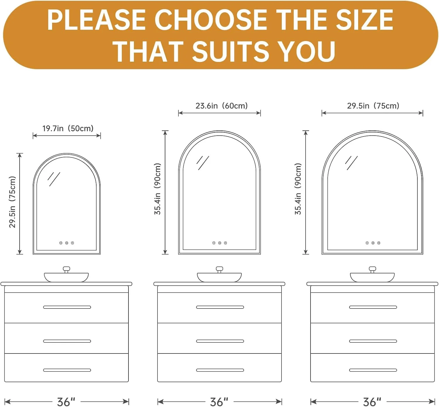 آینه قوسی نور پس زمینه دار OUMUSU مناسب حمام 60x90 سانتی متر، آینه LED ضد مه و دیمر دار مناسب حمام به همراه چراغ، 3 رنگ