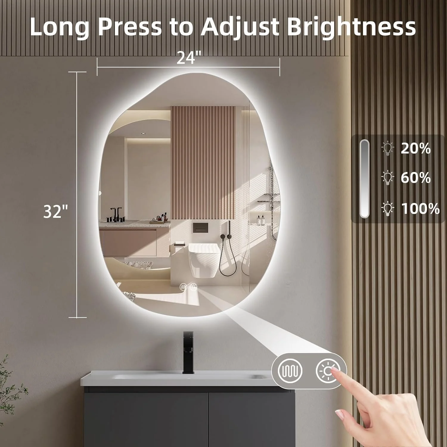 V PARTY LED Bathroom Mirror with Lights 24"x32", Stepless Dimmable Irregular LED Mirror with 3 Colors, Anti-Fog, Shatter-Proof, Memory, Frameless Makeup Mirror for Bathroom
