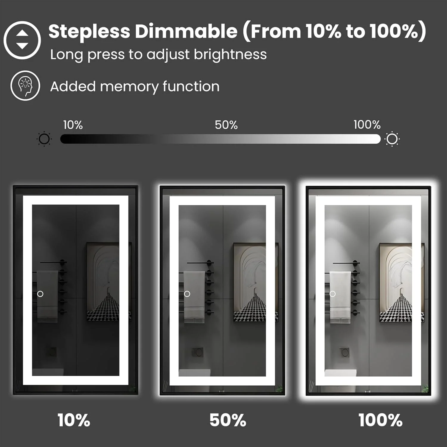 آینه حمام LED قاب دار V PARTY - سایز 150x90 سانتی متر، ضد بخار، بزرگ، با نور قابل تنظیم، آینه روشویی LED با نور جلویی و قاب مشکی، سه حالت نور