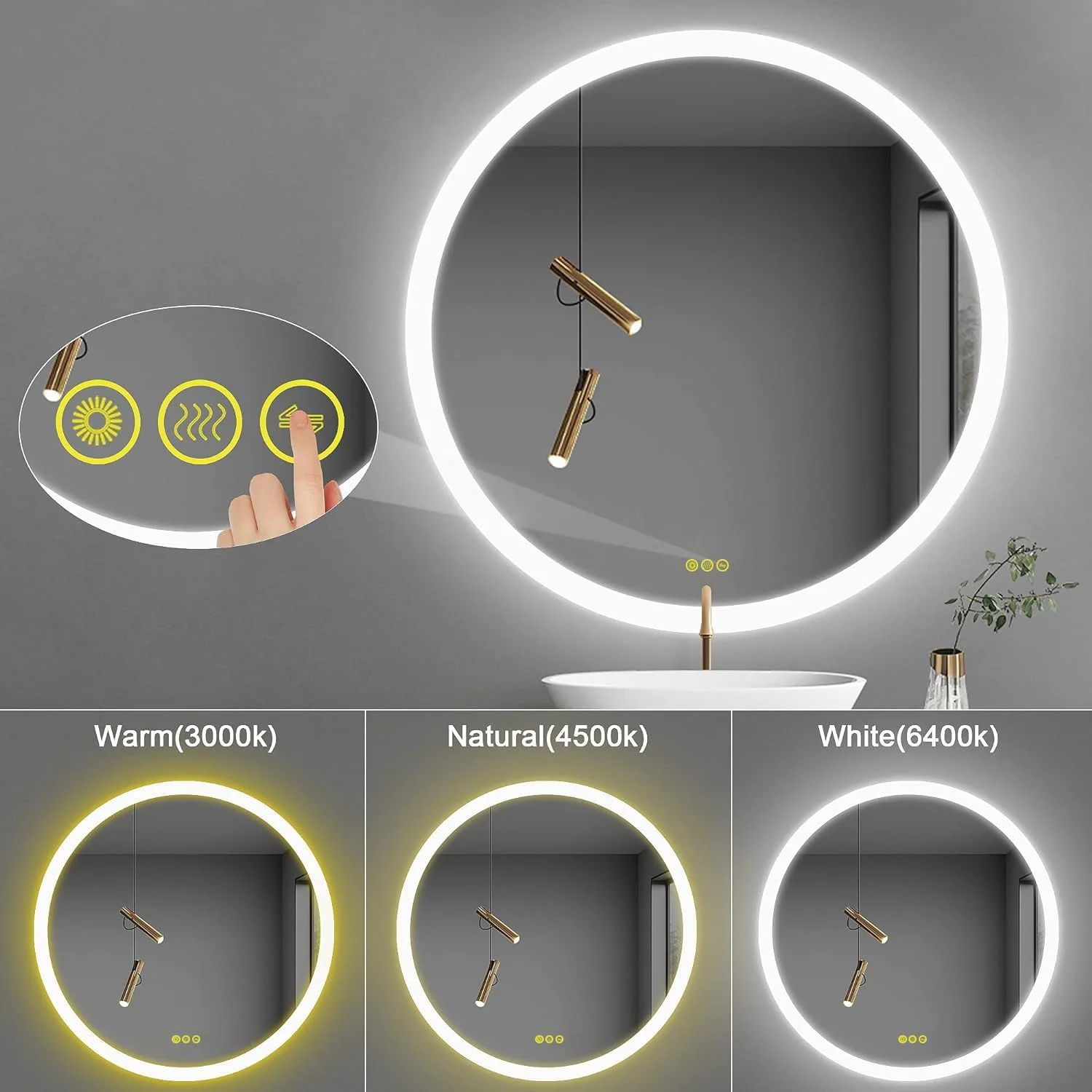 آینه گرد LED دار 28 اینچی OKISS، مناسب حمام، قابل نصب روی دیوار، آینه دایره ای با چراغ های LED، آینه حمام با نور پس زمینه، دارای کلید لمسی هوشمند ضد بخار، با قابلیت تنظیم نور گرم/سفید/نور روز، 3 رنگ