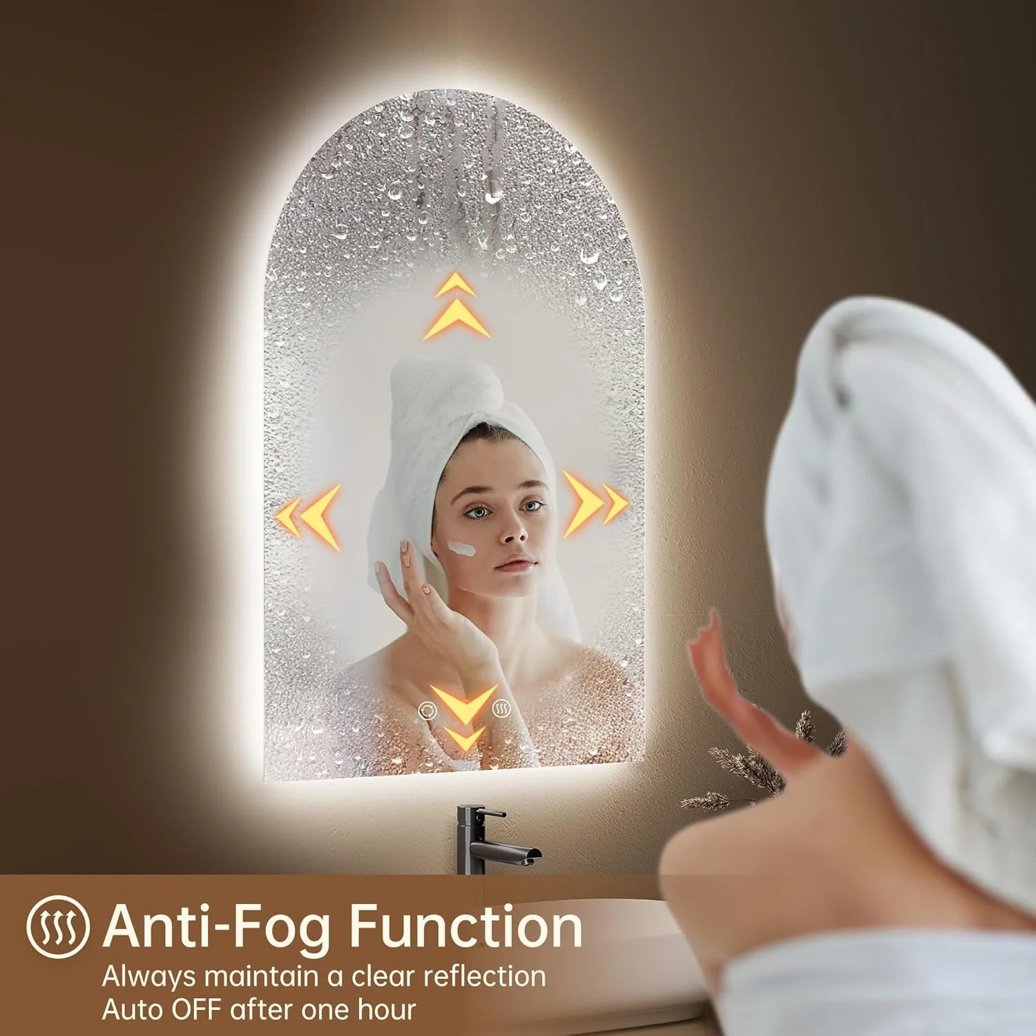 آینه قوسی نور پس زمینه دار OUMUSU مناسب حمام 60x90 سانتی متر، آینه LED ضد مه و دیمر دار مناسب حمام به همراه چراغ، 3 رنگ