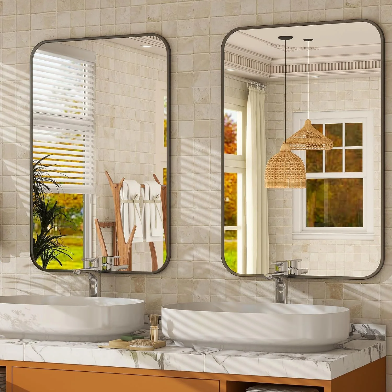 آینه حمام V PARTY، 50x70 سانتی متر، آینه دیواری مشکی با قاب آلومینیومی، آینه مدرن با گوشه های گرد برای حمام، اتاق خواب، ورودی و اتاق نشیمن (مشکی)