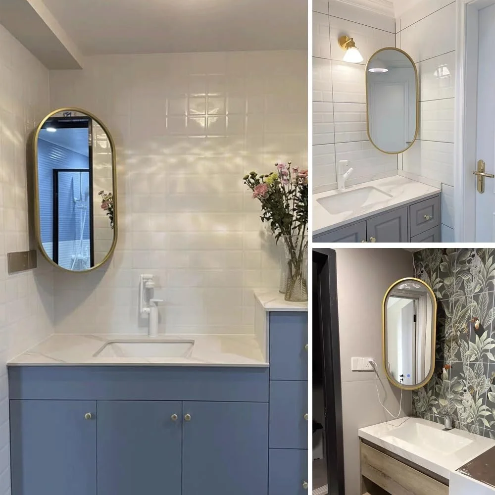 Oval LED Rotatable Wall Mirror - Lighted Bathroom Corner Mirror with Bracket - Space Saving & Easy to Use Full Length Mirror(White,30cmx60cm/11.8inx23.6in) (Gold 50cmx90c