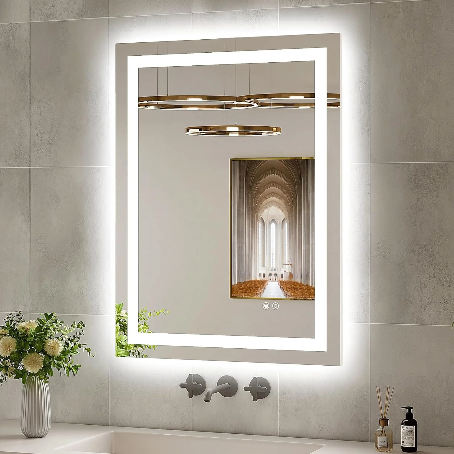 آینه حمام ال ای دی Oerbasz با ابعاد 60x80 سانتی متر، دارای نور جلو و عقب، شیشه حرارت دیده، قابلیت تنظیم نور، حالت های نوری متنوع، آینه روشویی ضد بخار مناسب دیوار، دارای حافظه