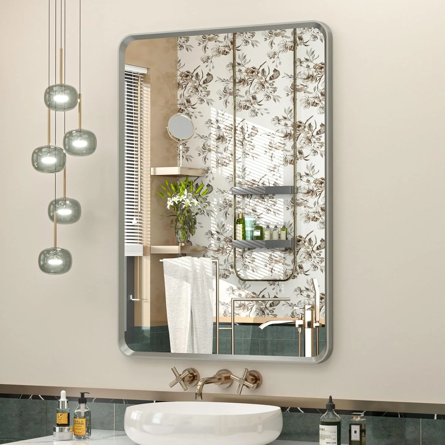 آینه حمام نقره ای OKPAL، 50 در 70 سانتی متر، آینه روشویی مستطیلی گرد نقره ای، آینه قاب دار نیکل برس خورده پخ دار برای دیوار، شیشه HD، آینه آلیاژ آلومینیوم ضد زنگ