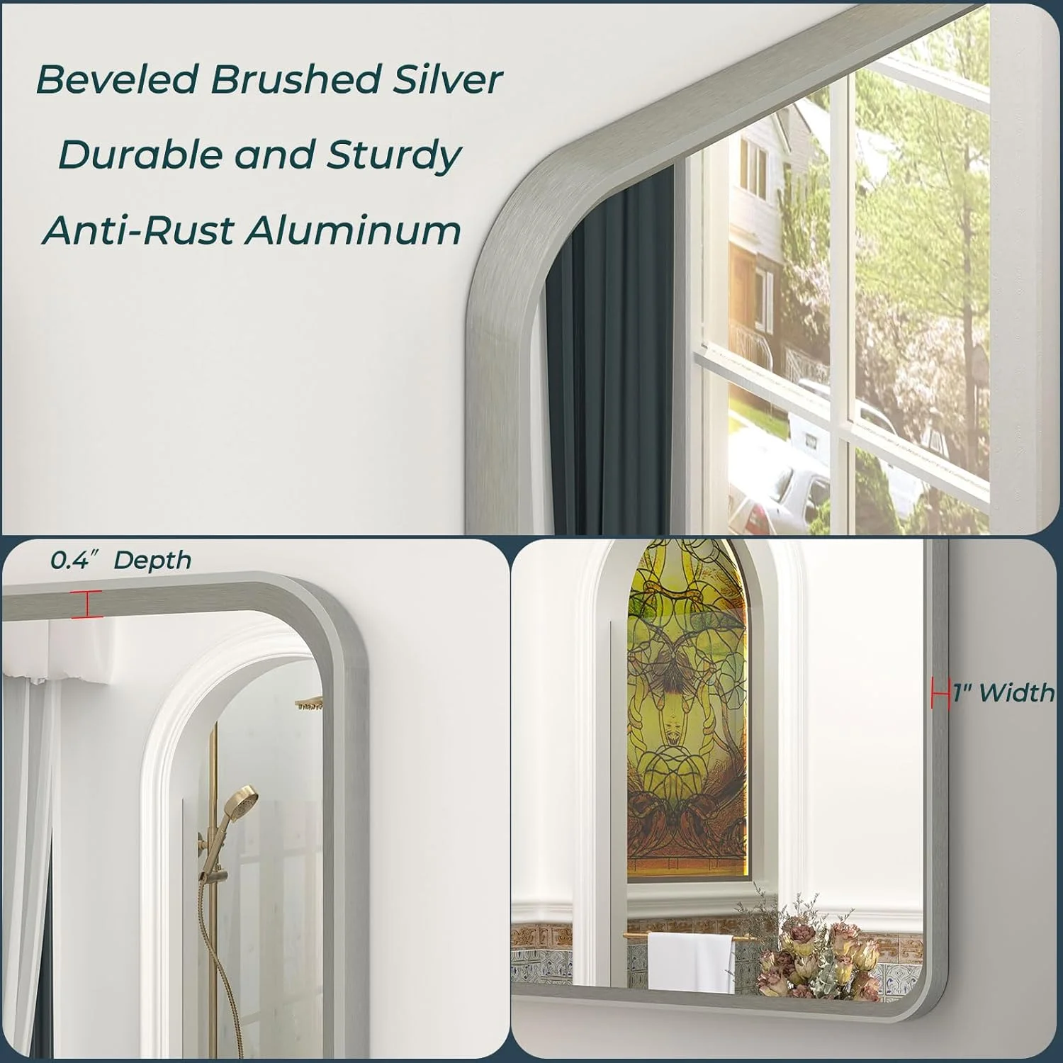 آینه حمام نقره ای OKPAL، 50 در 70 سانتی متر، آینه روشویی مستطیلی گرد نقره ای، آینه قاب دار نیکل برس خورده پخ دار برای دیوار، شیشه HD، آینه آلیاژ آلومینیوم ضد زنگ