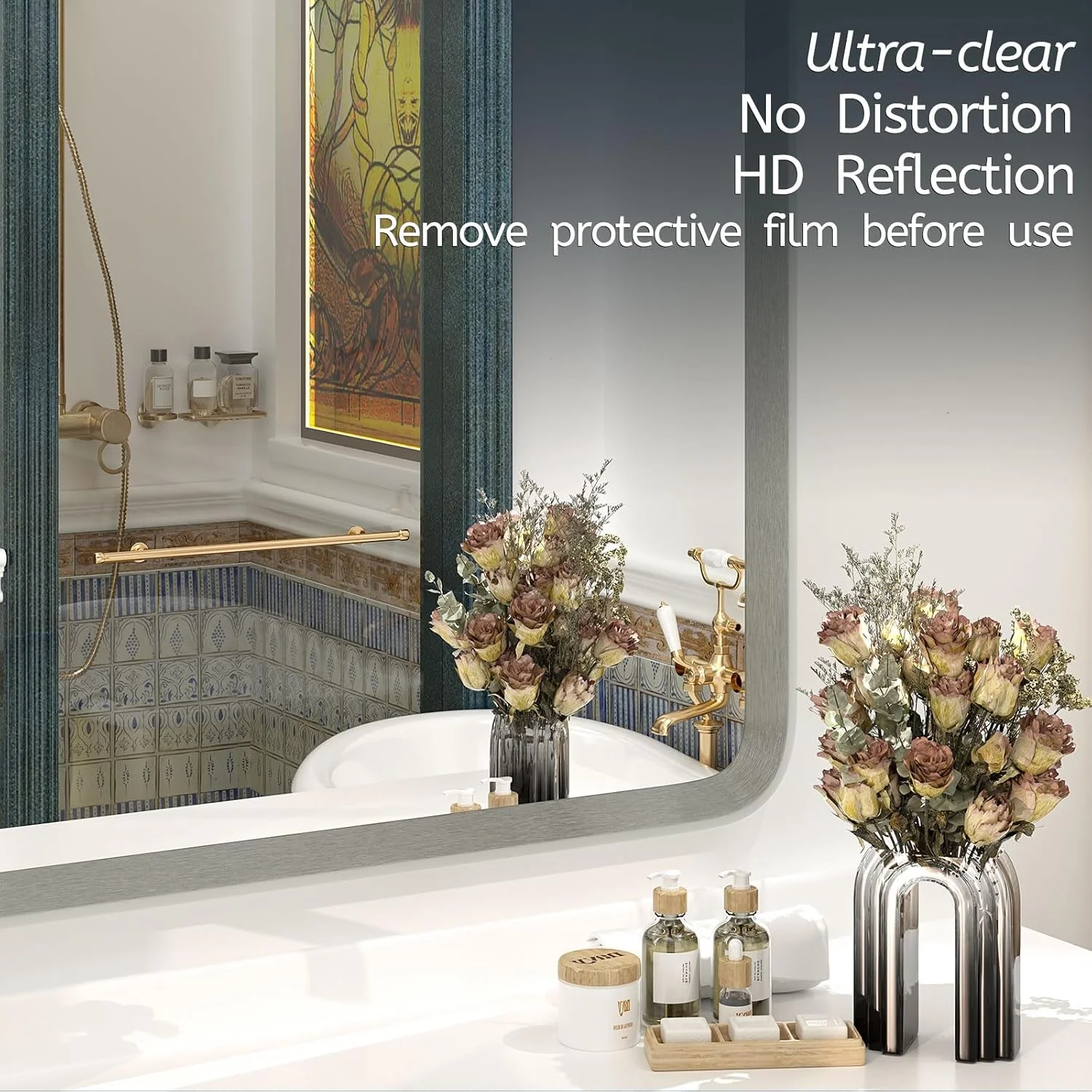 آینه حمام نقره ای OKPAL، 50 در 70 سانتی متر، آینه روشویی مستطیلی گرد نقره ای، آینه قاب دار نیکل برس خورده پخ دار برای دیوار، شیشه HD، آینه آلیاژ آلومینیوم ضد زنگ