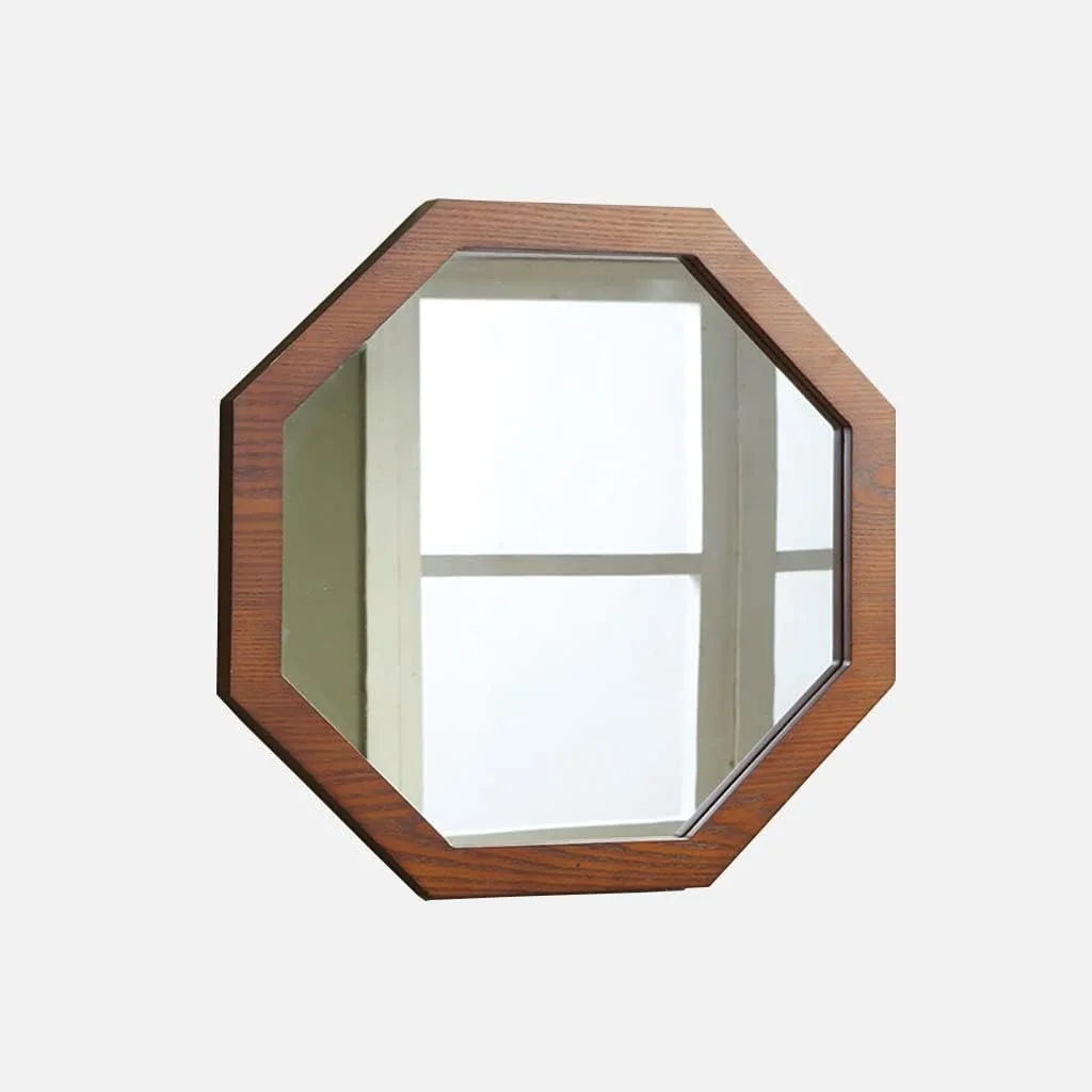 آینه دیواری هشت ضلعی، آینه دیواری، آینه حمام، آینه آرایش، آینه روشویی اتاق خواب، آینه دکوری ورودی، آینه دیواری آویز با قاب چوبی طبیعی و براکت آویز متصل