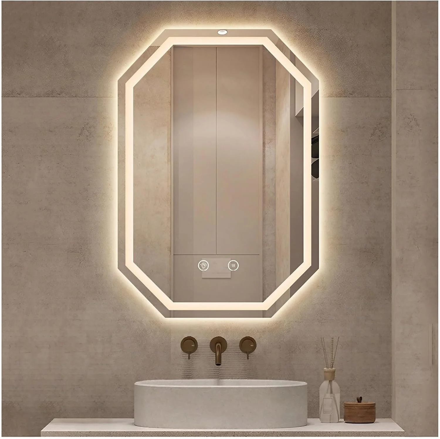 آینه حمام ال ای دی هشت ضلعی 60 در 80 سانتی متری با نورپردازی جلو، آینه روشویی ضد بخار با حسگر لمسی برای دیوار، آینه آرایش قابل تنظیم با نمایش زمان/دما
