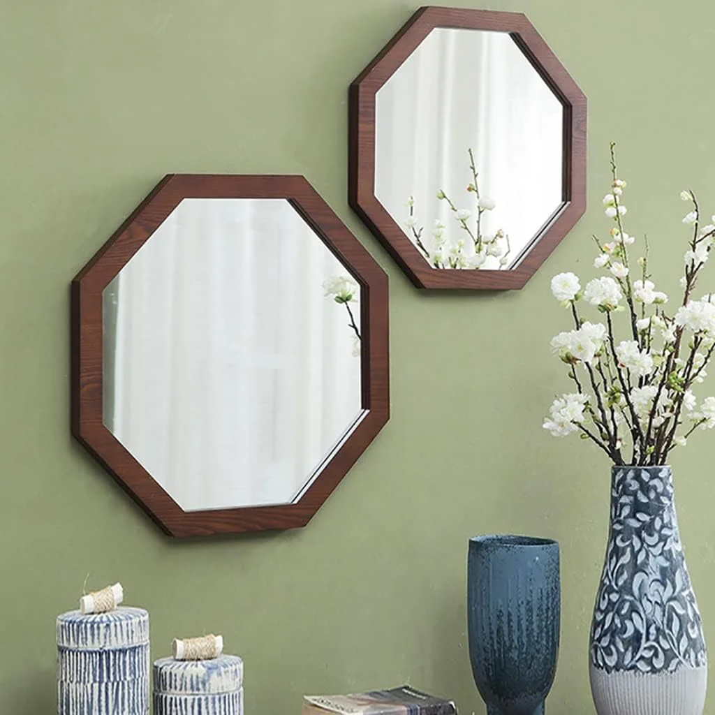 آینه دیواری هشت ضلعی، آینه دیواری، آینه حمام، آینه آرایش، آینه روشویی اتاق خواب، آینه دکوری ورودی، آینه دیواری آویز با قاب چوبی طبیعی و براکت آویز متصل