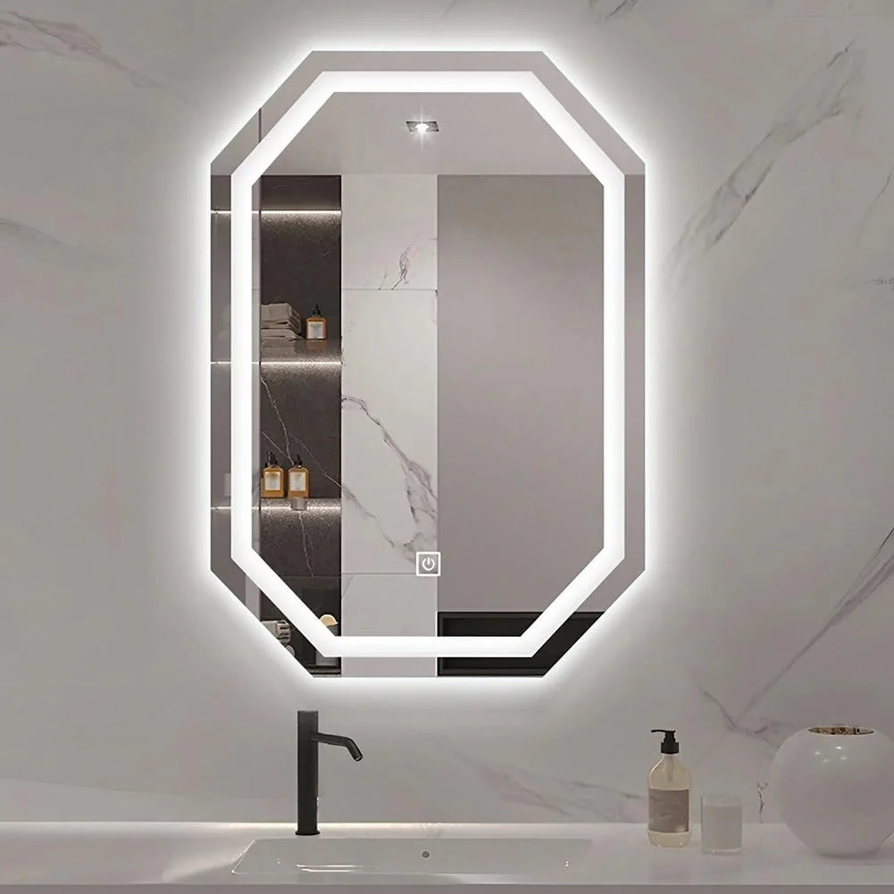 آینه حمام ال ای دی هشت ضلعی 60 در 80 سانتی متری با نورپردازی جلو، آینه روشویی ضد بخار با حسگر لمسی برای دیوار، آینه آرایش قابل تنظیم با نمایش زمان/دما