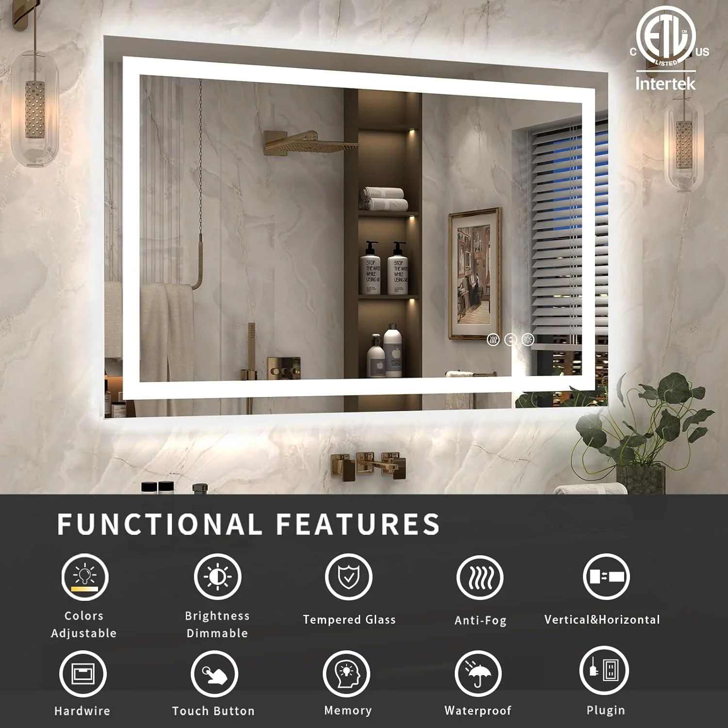 آینه روشویی ال ای دی ODDSAN با ابعاد 44x36 اینچ، قابل نصب روی دیوار، آینه آرایشی دیمر دار با نور، ضد بخار، دارای گواهینامه ETL (نور پس زمینه و نور جلو)