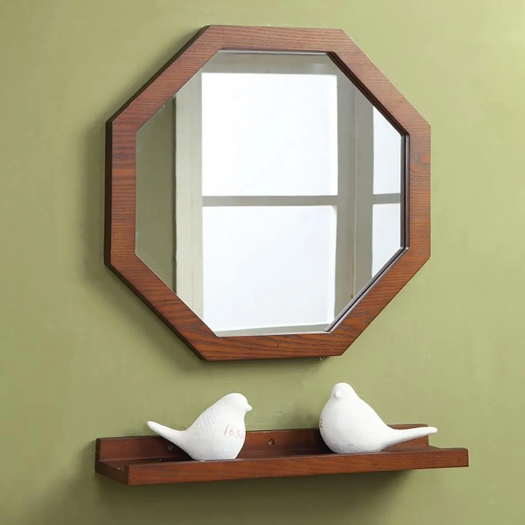 آینه دیواری هشت ضلعی، آینه دیواری، آینه حمام، آینه آرایش، آینه روشویی اتاق خواب، آینه دکوری ورودی، آینه دیواری آویز با قاب چوبی طبیعی و براکت آویز متصل