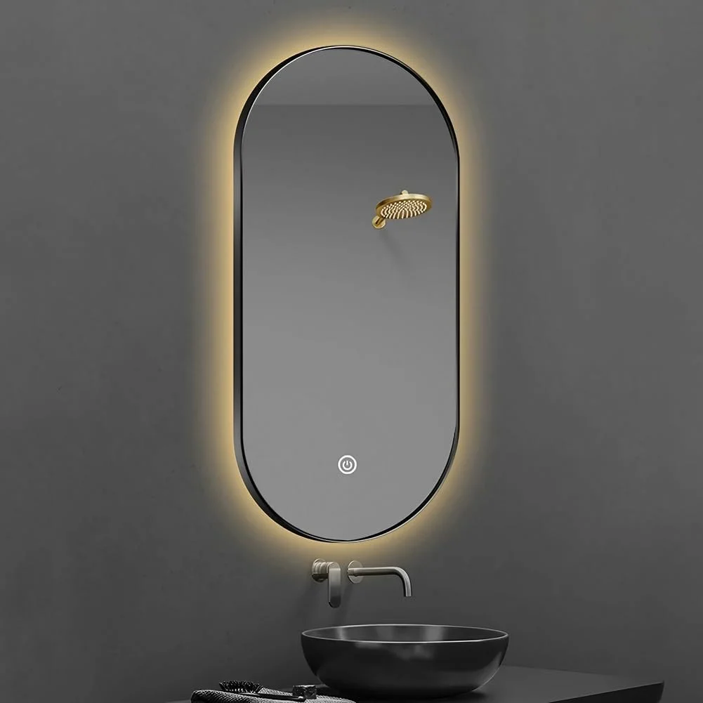 آینه حمام LED بیضی شکل NYASAA، ابعاد 50 در 80 سانتی متر، آینه دیواری روشویی با قابلیت تنظیم نور، ضد بخار و ضد شکستگی، مناسب آرایش، اتاق خواب و ورودی، رنگ مشکی