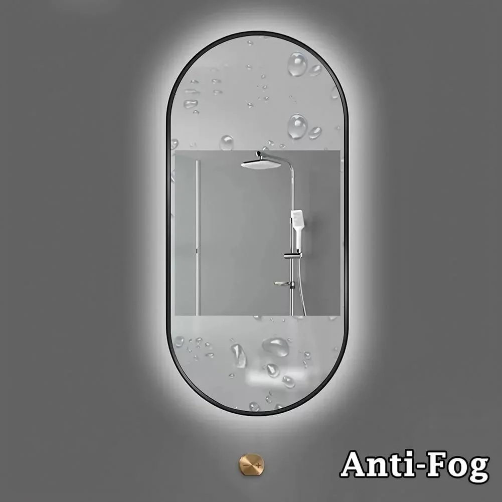 آینه حمام LED بیضی شکل NYASAA، ابعاد 50 در 80 سانتی متر، آینه دیواری روشویی با قابلیت تنظیم نور، ضد بخار و ضد شکستگی، مناسب آرایش، اتاق خواب و ورودی، رنگ مشکی