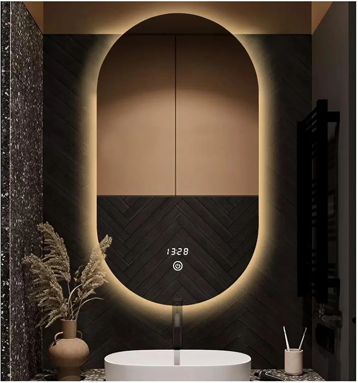 آینه بیضی شکل حمام NYASAA با چراغ های LED، 50x80 سانتی متر، آینه دیواری قابل تنظیم با 3 رنگ، ضد مه، آینه آرایشی با دکمه لمسی هوشمند