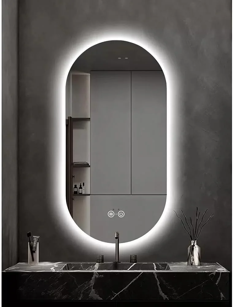 آینه بیضی شکل حمام NYASAA با چراغ های LED، 50x80 سانتی متر، آینه دیواری قابل تنظیم با 3 رنگ، ضد مه، آینه آرایشی با دکمه لمسی هوشمند