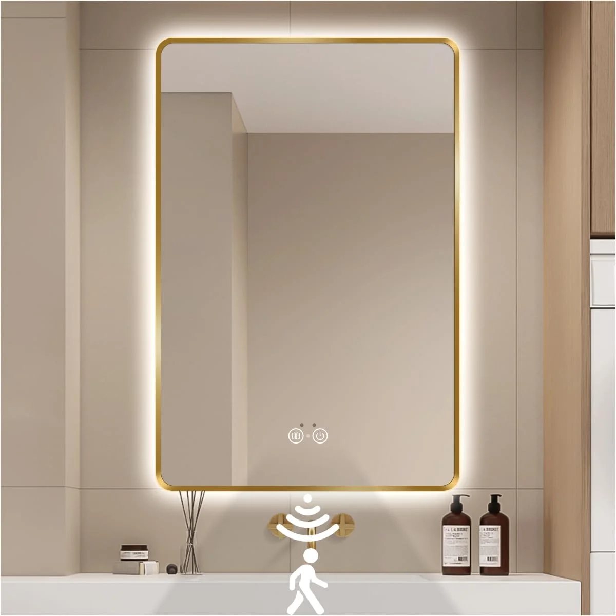 آینه حمام LED طلایی نولسیا، آینه هوشمند 91x71 سانتیمتر با چراغهای حسگر حرکتی مادون قرمز، ضد بخار، کم نور شونده و تنظیم دمای رنگ، آینه روشویی دیواری با نور پس زمینه، CRI≥93 آینه حمام LED طلایی نولسیا، آینه هوشمند 91x71 سانتیمتر با چراغهای حسگر حرکتی مادون قرمز، ضد بخار، کم نور شونده و تنظیم دمای رنگ، آینه روشویی دیواری با نور پس زمینه، CRI≥93