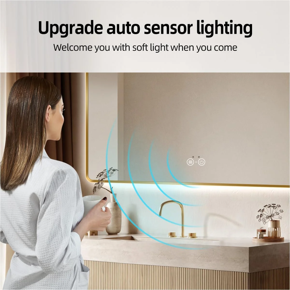 آینه حمام LED طلایی نولسیا، آینه هوشمند 91x71 سانتی‌متر با چراغ‌های حسگر حرکتی مادون قرمز، ضد بخار، کم نور شونده و تنظیم دمای رنگ، آینه روشویی دیواری با نور پس زمینه، CRI≥93