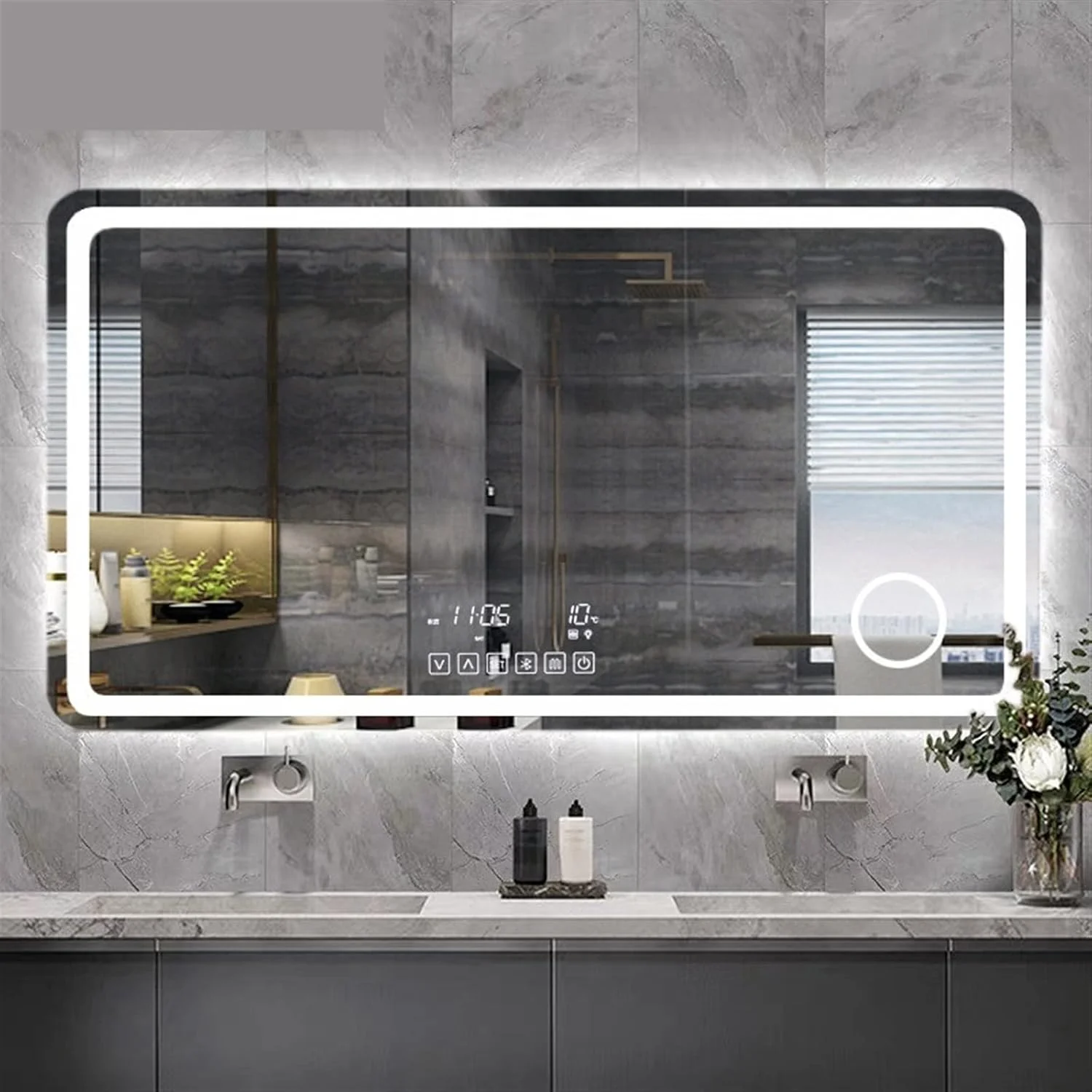 آینه حمام NNHGBB، آینه هوشمند LED دیواری با قابلیت اتصال بلوتوث و صفحه لمسی، مناسب آرایش و روشنایی حمام، نصب دیواری