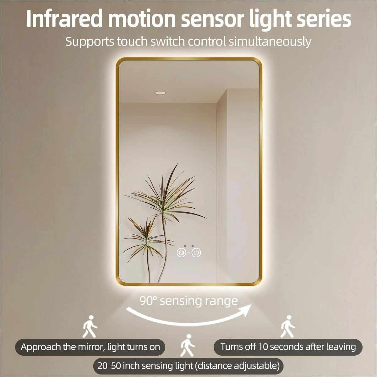 آینه حمام LED طلایی نولسیا، آینه هوشمند 91x71 سانتی‌متر با چراغ‌های حسگر حرکتی مادون قرمز، ضد بخار، کم نور شونده و تنظیم دمای رنگ، آینه روشویی دیواری با نور پس زمینه، CRI≥93