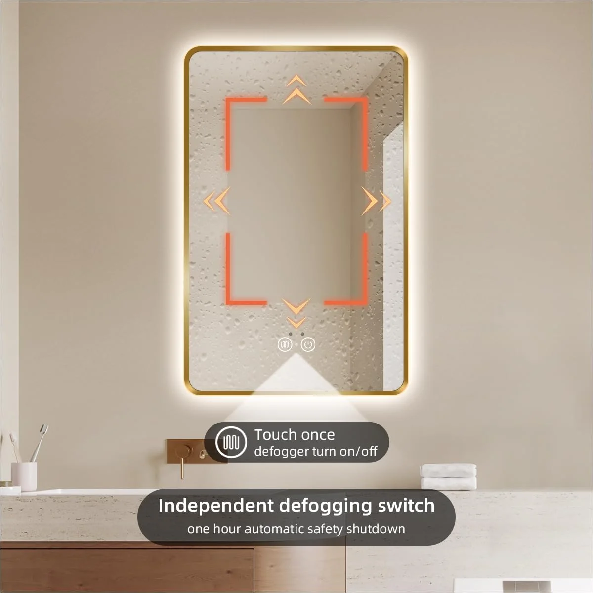 آینه حمام LED طلایی نولسیا، آینه هوشمند 91x71 سانتی‌متر با چراغ‌های حسگر حرکتی مادون قرمز، ضد بخار، کم نور شونده و تنظیم دمای رنگ، آینه روشویی دیواری با نور پس زمینه، CRI≥93