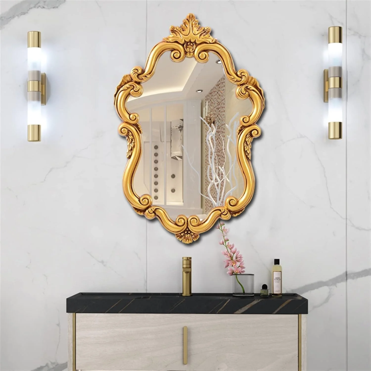 آینه حمام NNHGBB طلایی، آینه حمام عتیقه و قدیمی نامنظم، قابل نصب روی دیوار