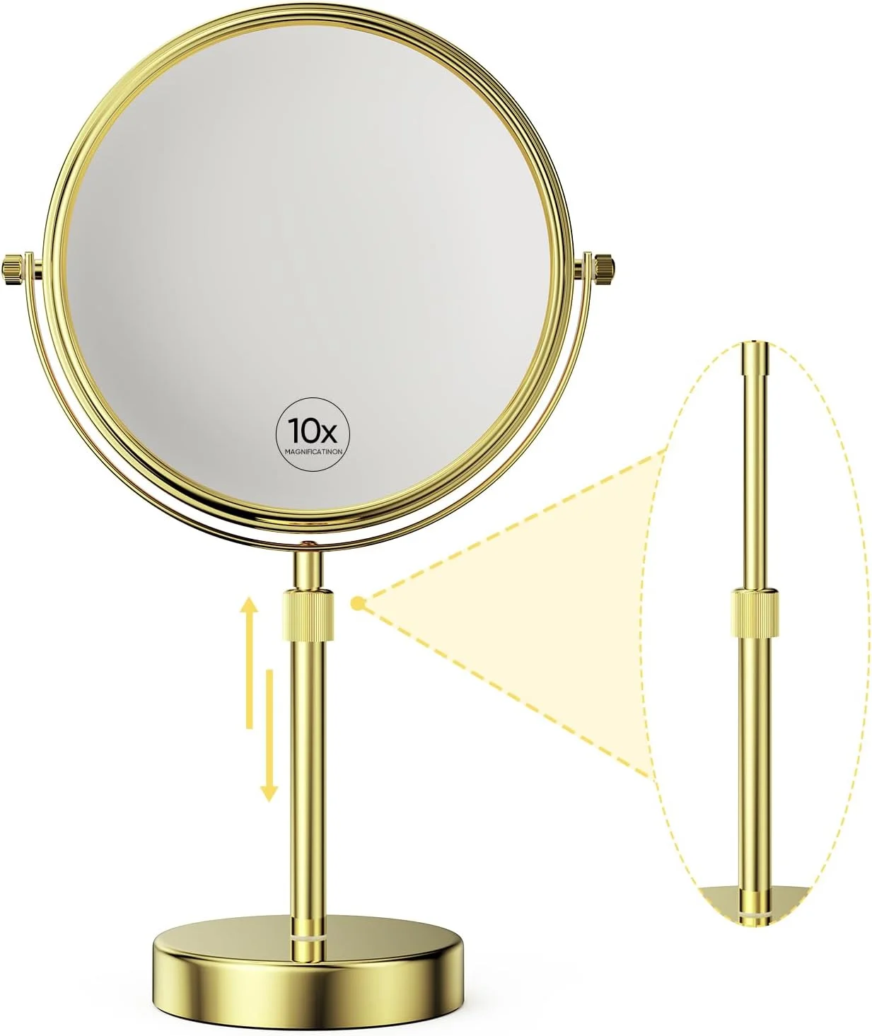 آینه رومیزی با قابلیت تنظیم ارتفاع Nicesail، 15-19 اینچ، آینه دو طرفه بزرگنمایی 1X/10X، قطر 8 اینچ، چرخش 360 درجه، روکش طلایی، سبک مدرن، مناسب برای آرایش و پیرایش شخصی، نصب رومیزی