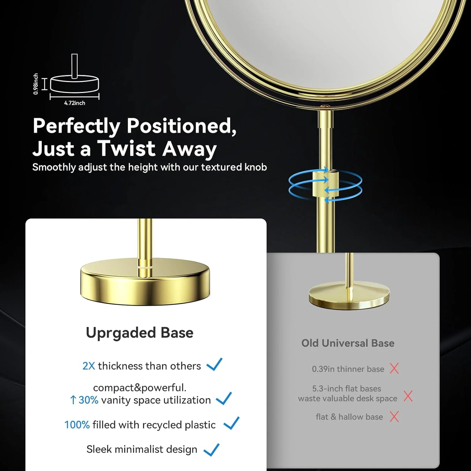 آینه رومیزی با قابلیت تنظیم ارتفاع Nicesail، 15-19 اینچ، آینه دو طرفه بزرگنمایی 1X/10X، قطر 8 اینچ، چرخش 360 درجه، روکش طلایی، سبک مدرن، مناسب برای آرایش و پیرایش شخصی، نصب رومیزی