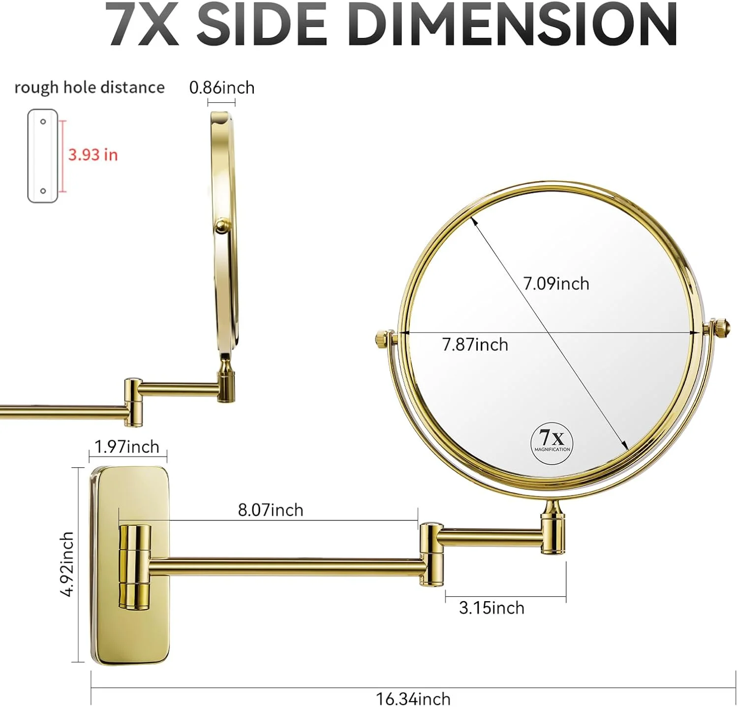 آینه آرایشی Nicesail، آینه بزرگنمایی 7X دیواری، آینه روشویی برای حمام، چرخان و قابل گسترش، جنس برنج و استیل 304 برای هتل یا خانه، روکش طلایی (8 اینچ، 7X)