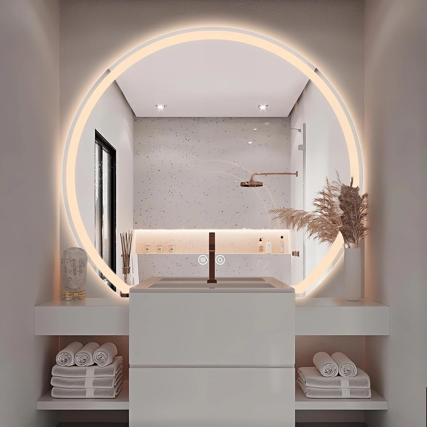 آینه حمام LED نیمه ماه گرد Niccy برای دیوار، نور پس زمینه/نور جلو، آینه LED نامنظم 40 اینچی با ضد بخار، دیمر، آینه آرایش نیم دایره بدون قاب برای حمام، ضد انفجار