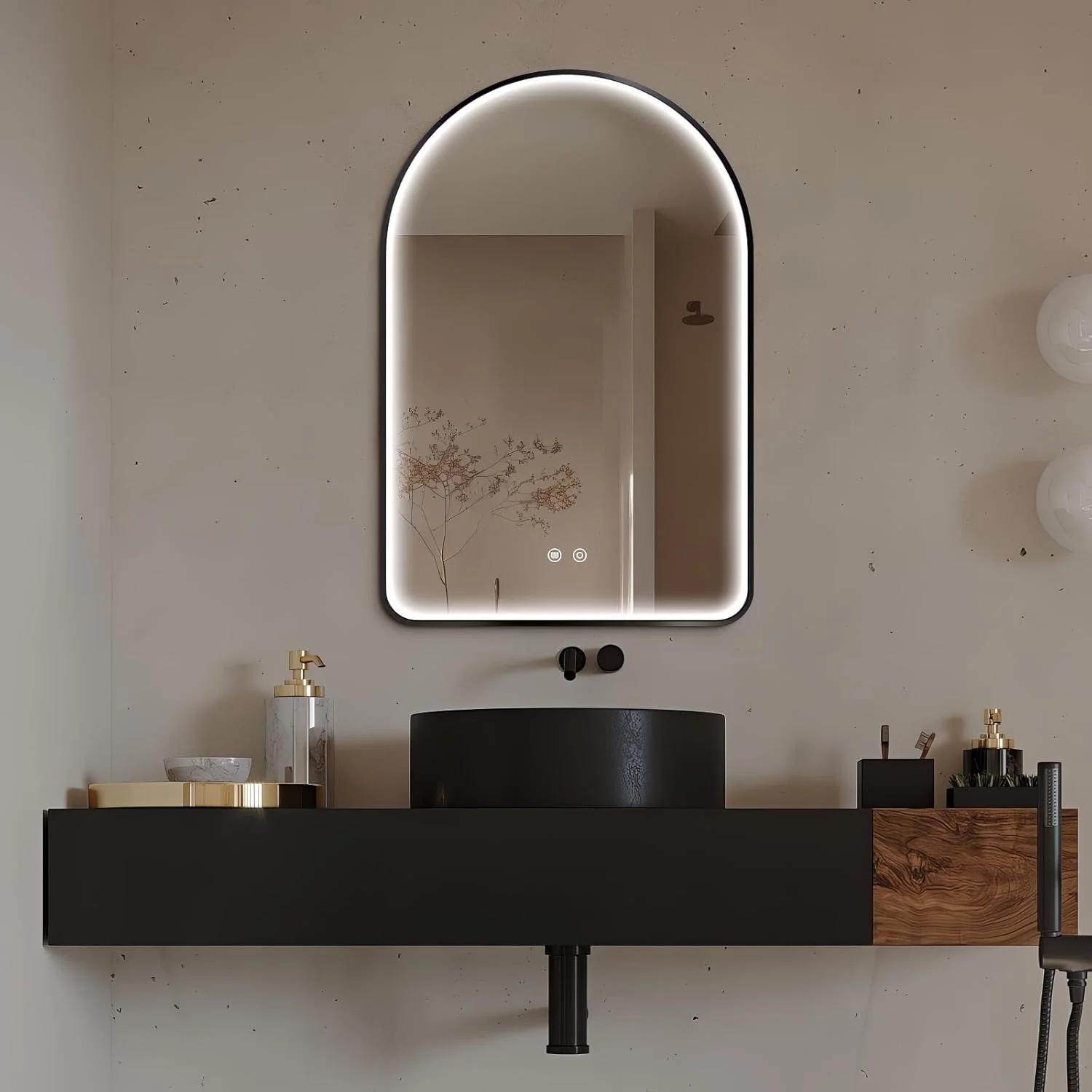 آینه حمام LED قوسی Niccy، 76x51 سانتی متر، آینه های دیواری قوسی با قاب مشکی و نورپردازی، آینه روشویی با نور جلویی قوسی با عملکرد حافظه برای حمام و اتاق خواب، ضد بخار و 3 رنگ، ضد انفجار